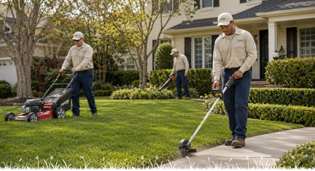 A professional lawn care team mowing and edging a lush residential lawn with striped mowing lines.