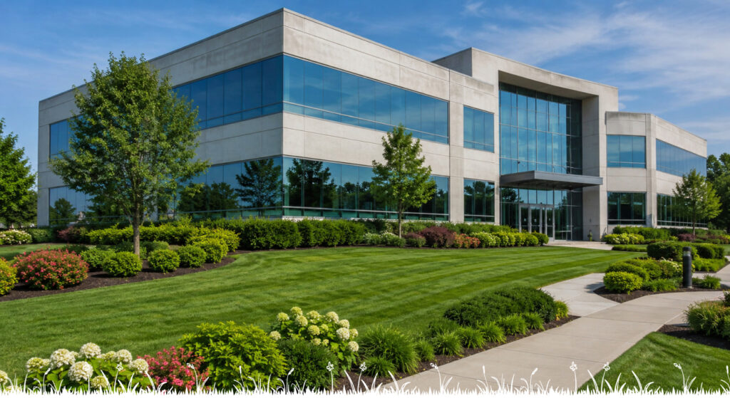 Commercial office building with professionally maintained landscaping.