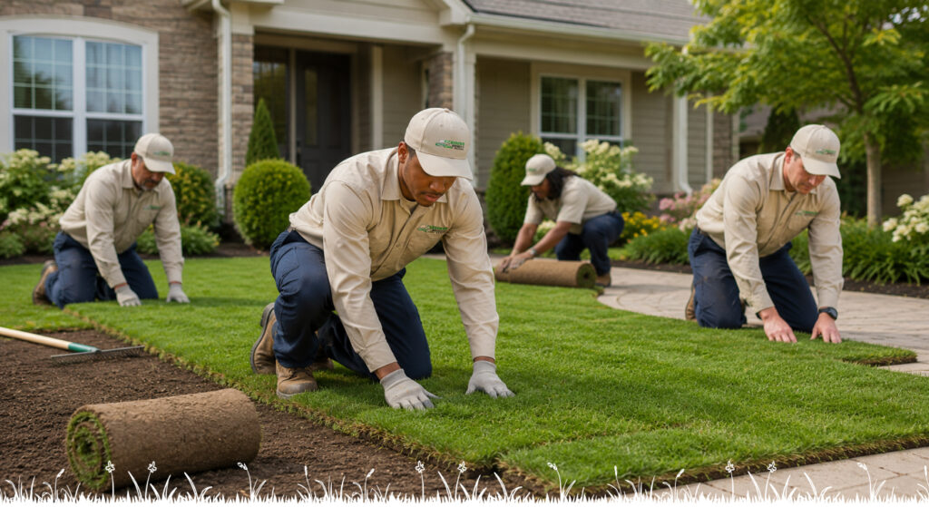 Irrigation technician inspecting and adjusting a residential sprinkler system.