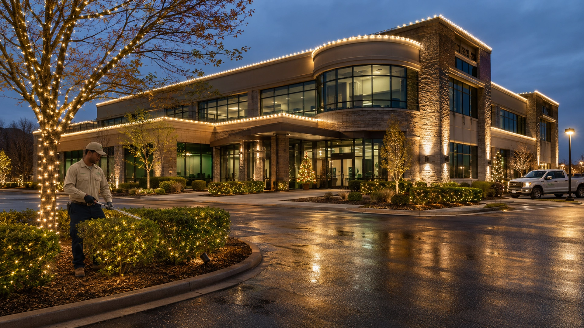 Commercial property decorated with warm holiday roofline lights, illuminated wreaths, and lit trees around the entrance at dusk.
