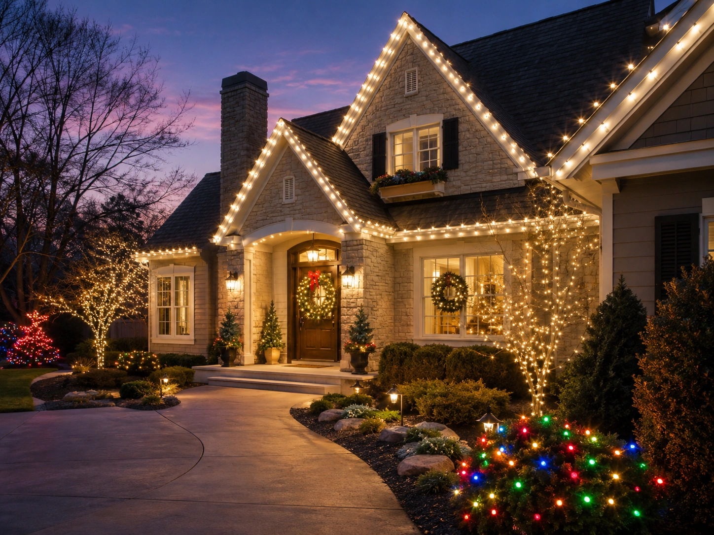 Custom holiday lighting on a residential home with warm white roofline lights, wreaths, tree lights, and colorful landscape accents at dusk.